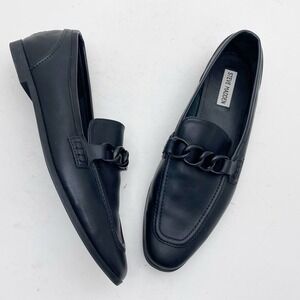 Steve Madden Cardena Slip On Flat Loafers Womens 11M Black Leather Chain Link